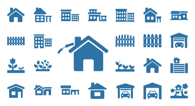 Collection of house icons and illustrations representing homes, buildings, and property concepts