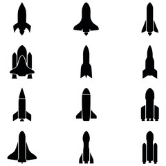 Minimalist rocket launch silhouette, multiple rocket shapes in grid layout, solid black vector, no details, isolated © MDAMINUL