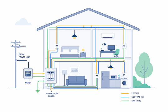 Detailed vector illustration of a home's electrical wiring diagram, showcasing the connection of power from the grid to internal appliances and lighting, presented in a clean, soft pastel design
