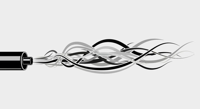 Abstract illustration of a cylindrical form expelling stylized wavy lines