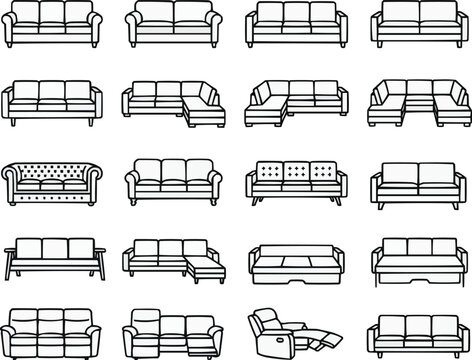 A grid of columns and rows drawn in black and white lines showcases a variety of two- and three-seater sofas, L-shaped sofas, and tufted armchairs.