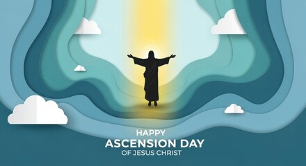 Happy Ascension Day of Jesus Christ, religious paper cut style illustration, silhouette of Jesus rising to heaven with clouds and divine light