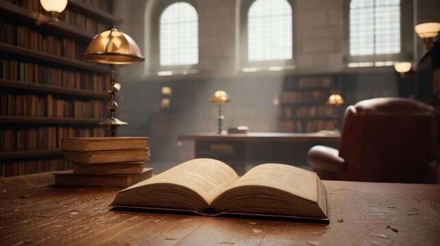 Detailed Low Angle Shot of an Open Old Book Resting on a Table in a Classic Library with Bookshelves and Warm Lighting