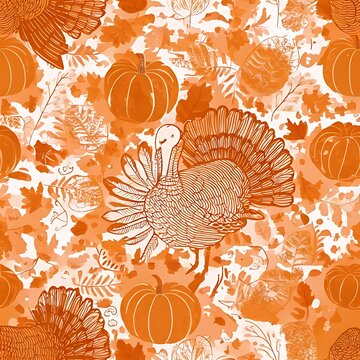 Festive orange pattern with turkey, pumpkins, and leaves