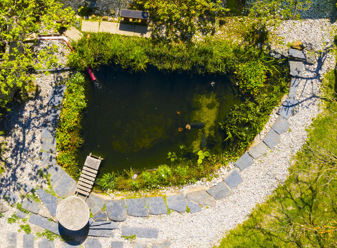 Root wastewater treatment plant as a garden pond. Relaxation zone with fish farming in an organic garden from above. Sustainable development in gardening and aquaculture.	
