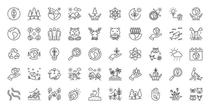 Ecology icon set. Forest, environment, nature, conservation, organism, photosynthesis, atmosphere, biomass energy, biosphere, earth, biodiversity, recycle and more. Outline vector icons collection
