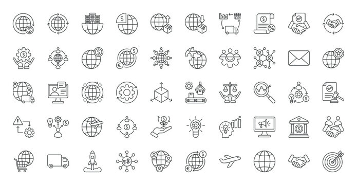 Global Business icon set. Globalization, outsourcing, multinational corporation, global market, export, import, supply chain, tariffs, agreement, trade and more. Outline vector icons collection