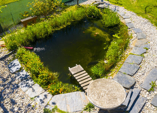 Root wastewater treatment plant as a garden pond. Relaxation zone with fish farming in an organic garden from above. Sustainable development in gardening and aquaculture.	

