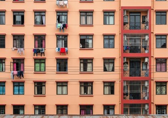 Fototapeta premium Exterior view of a residential building facade showing many windows with hanging laundry.