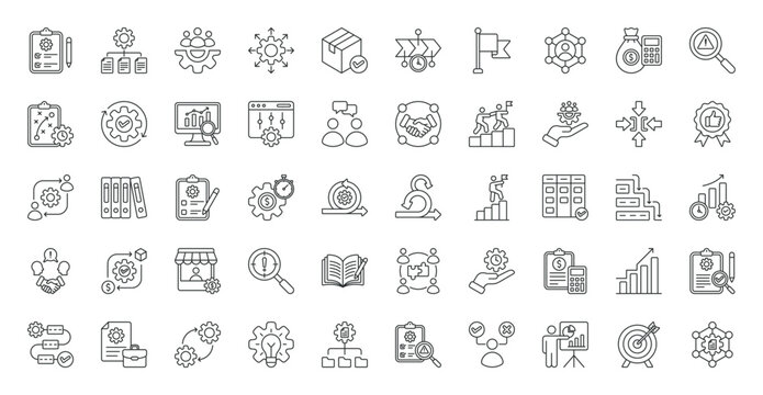 Project Management icon set. Productivity, efficiency, leadership, planning, time management, decision making, stakeholder, control, timeline, scope, execution and more. Outline vector icons collectio