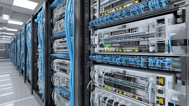 Network switch and network ethernet cables in modern server room data center. 3d illustration Stock Illustration