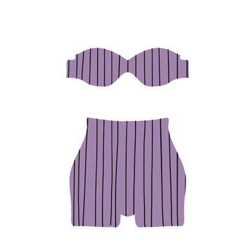Trendy vintage-inspired two-piece swimsuit with vertical stripes, featuring a bandeau top and high-waisted shorts. Perfect for summer beachwear, resort collections, and fashion apparel designs.