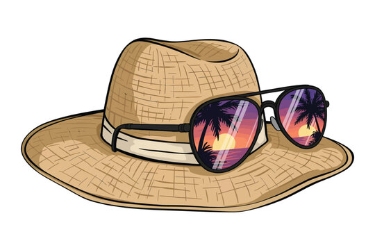 Cartoon straw hat with reflective sunglasses depicting a tropical sunset on transparent background high-quality professional detailed modern elegant stylish clean.