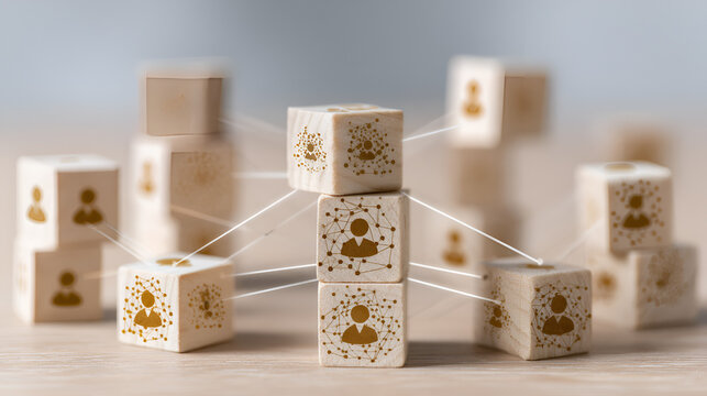 Organizational network structure with connected people icons on wooden blocks, showing team collaboration, stakeholder mapping, social graph, and business communication on a light background