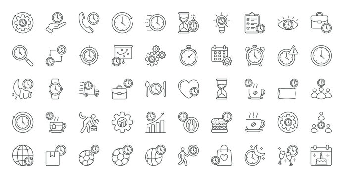 Time Management icon set. Time, management, efficiency, save time, optimization, schedule,  fast time, deadline, stopwatch, planning, alarm clock, overtime and more. Outline vector icons collection