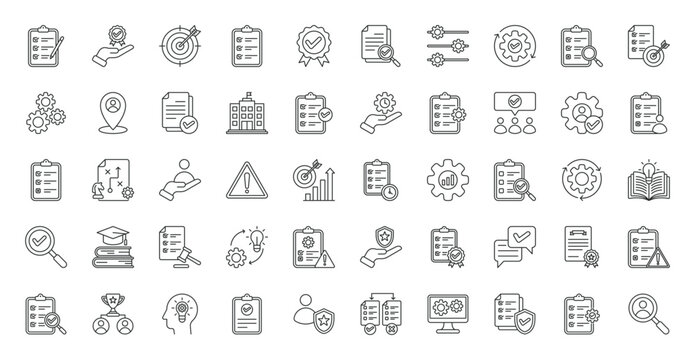 Assessment icon set. Compliance, expert, checklist, validity, conclusion, evaluation, objective, quality, standard, strategy, result, verification, audit and more. Outline vector icons collection