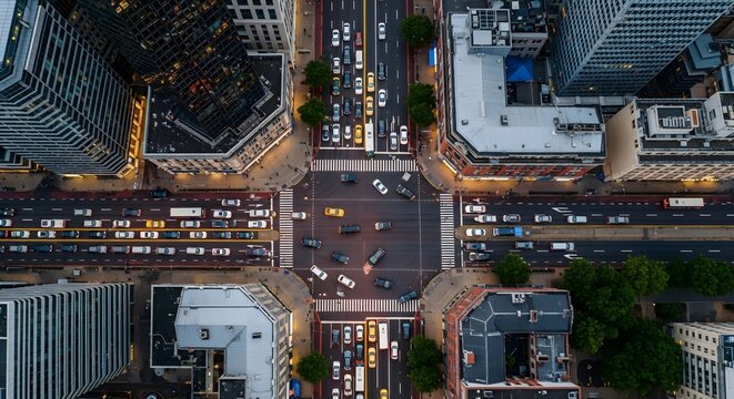Aerial view of a busy intersection with heavy traffic congestion in a bustling city at night, illuminated by streetlights and building lights