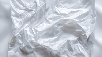 Fototapeta premium Plastic wrap white background texture overlay effect. Polyethylene packaging of vinyl wrap or cd cover. Shrink crumpled plastic bag sleeve, package mockup illustration