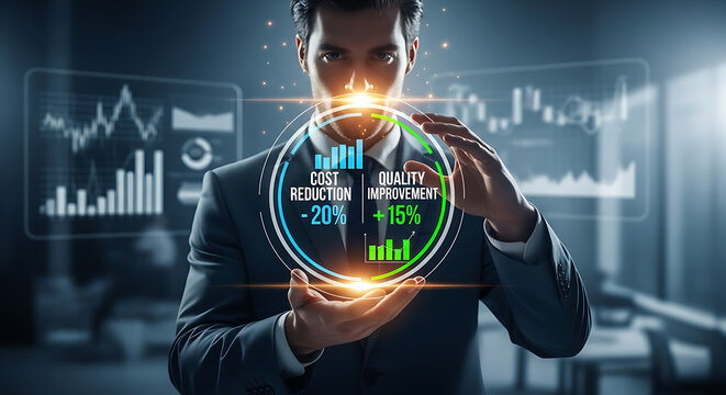 Professional businessman balance expense and value by holding a glowing digital icon representing cost reduction strategy and high quality improvement in a corporate environment.