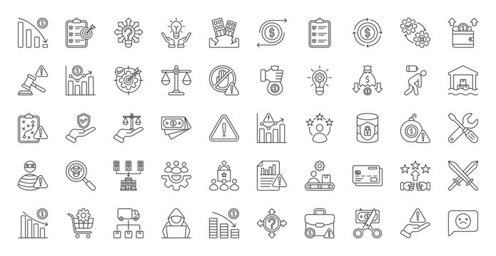 Business Risk icon set. Competition, war, recession, restriction, hacking, low sales, uncertainty, bankruptcy, risk management, bad review, failure, fraud and more. Outline vector icons collection
