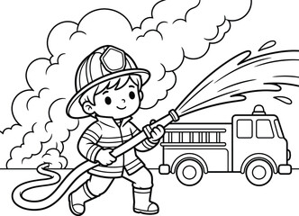 Firefighter boy coloring page featuring a fire truck and smoke, comprehensive line graphic for educational activities. © Munna_SH
