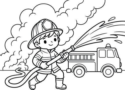 Firefighter boy coloring page featuring a fire truck and smoke, comprehensive line graphic for educational activities.