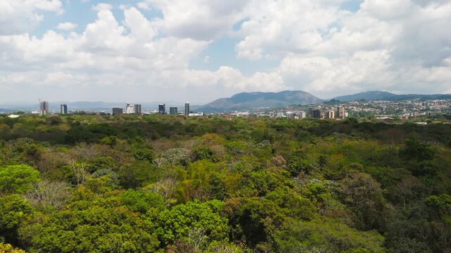 Rising high shot through Parque de los Pericos to reveal San Salvador, El Salvador, showing trees, urban parkland, buildings, and Estadio Cuscatlan