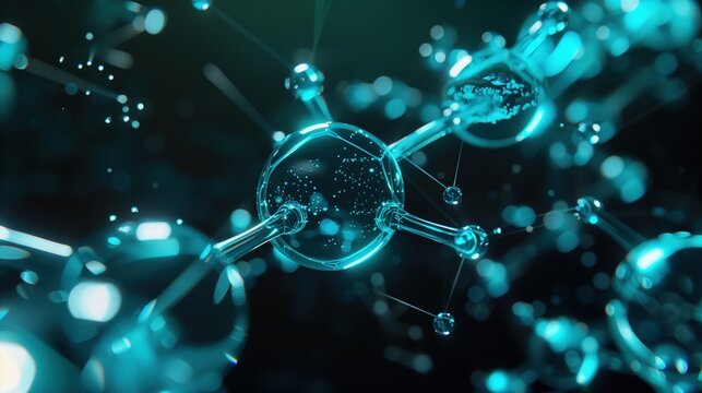 Morgellons disease: 3D molecular visualization of synthetic fiber compounds interacting with human skin protein structures, glowing neon blue and electric cyan color palette