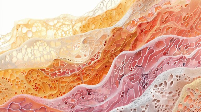 Morgellons disease: scientific illustration of human skin layers cross-section with mysterious thread-like fiber structures growing between cells