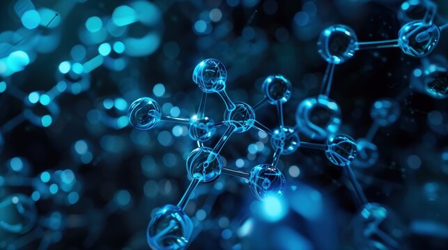 Morgellons disease: 3D molecular visualization of synthetic fiber compounds interacting with human skin protein structures, glowing neon blue and electric cyan color palette