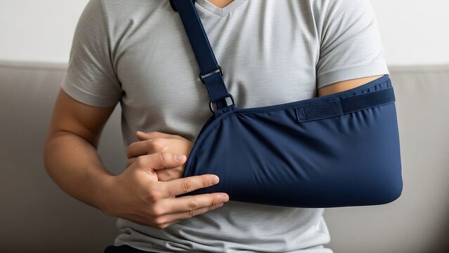 Man Wearing Arm Sling for Shoulder or Wrist Injury Recovery, Healthcare Concept Showing Person Using Medical Arm Sling for Healing