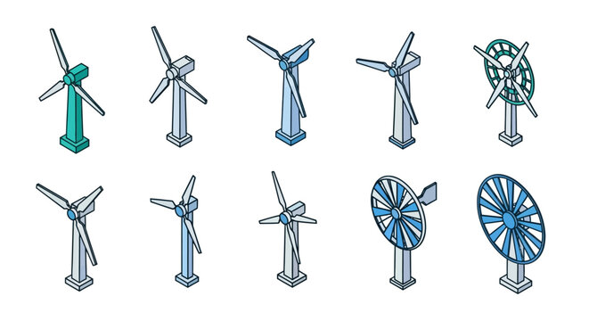 Illustrated depictions of various wind turbines, suitable for depicting clean energy sources