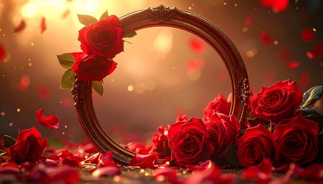 Red Rose Romance: A luxurious, romantic background featuring a golden frame encircled by lush red roses and scattered petals. Perfect for Valentine's Day, wedding invitations