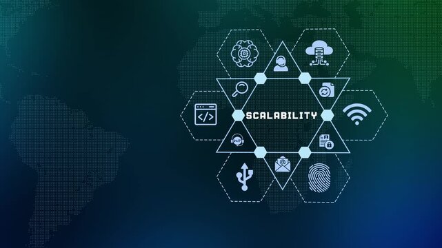 Business scalability and technology growth concept featuring digital icons and global network for expanding corporate operations.