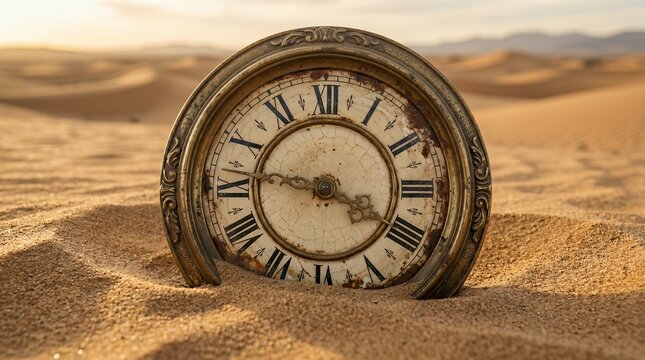 An old clock sitting on sand in a desert landscape with mountains
