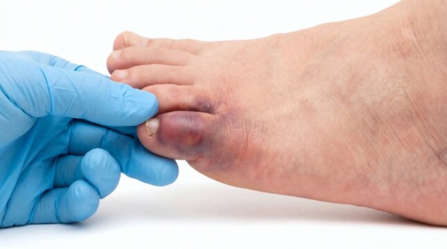 Medical examination of a bruised and swollen broken little toe on a human foot.