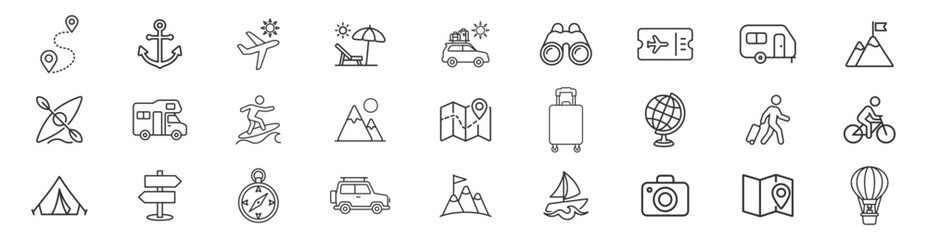 Camping and hiking outdoor adventure travel icons set with tent backpack equipment and nature symbols on transparent background © TanyaK