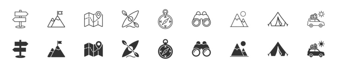 Camping and hiking outdoor adventure travel icons set with tent backpack equipment and nature survival tools symbols on transparent background © TanyaK