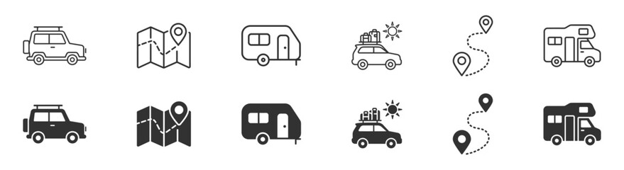 Outdoor camping and hiking travel icon bundle with tent backpack gear and survival tools symbols in linear style on transparent background © TanyaK