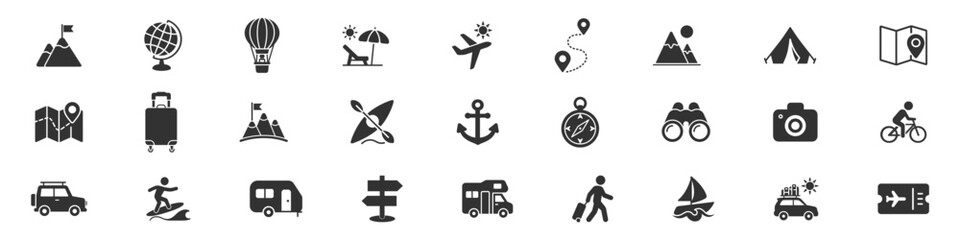 Camping and hiking outdoor adventure travel icons set with tent backpack equipment caravan and nature symbols on transparent background © TanyaK