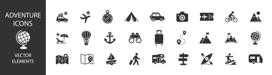 Outdoor camping and hiking travel icon bundle with tent backpack gear camper van and navigation symbols in linear style on transparent background © TanyaK