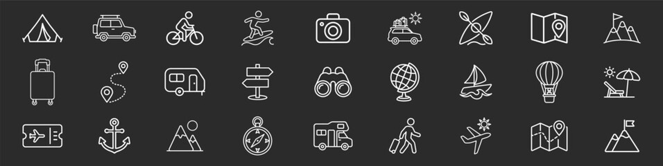 Outdoor camping and hiking travel icon bundle with tent backpack gear and navigation symbols in linear style  © TanyaK