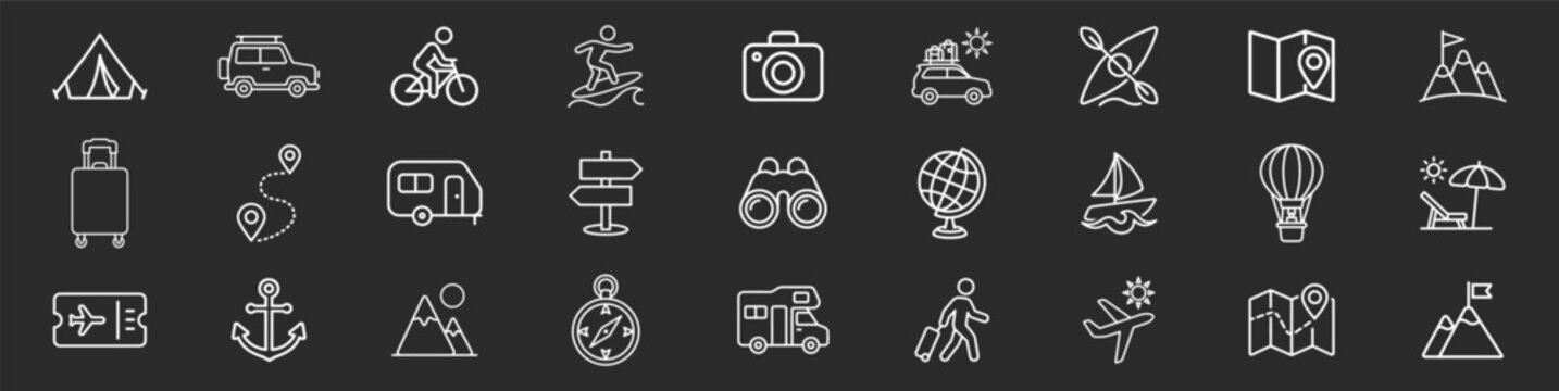 Outdoor camping and hiking travel icon bundle with tent backpack gear and navigation symbols in linear style 