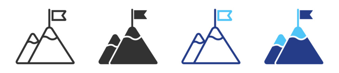 Travel and tourism mountain adventure icon bundle with peak summit flag landscape hiking and outdoor exploration symbols in linear style on transparent background © TanyaK
