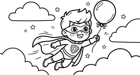 Little superhero boy flying in the sky holding a balloon coloring page for kids with stars and clouds. © Munna_SH