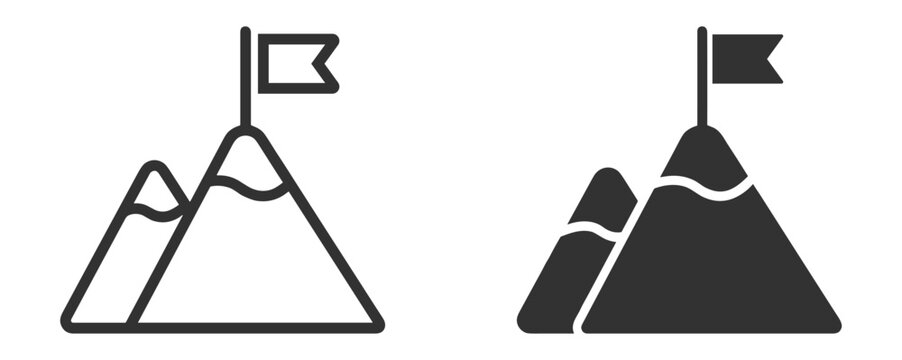 Travel and tourism mountain adventure icons set with peak summit flag landscape hiking and outdoor exploration symbols on transparent background