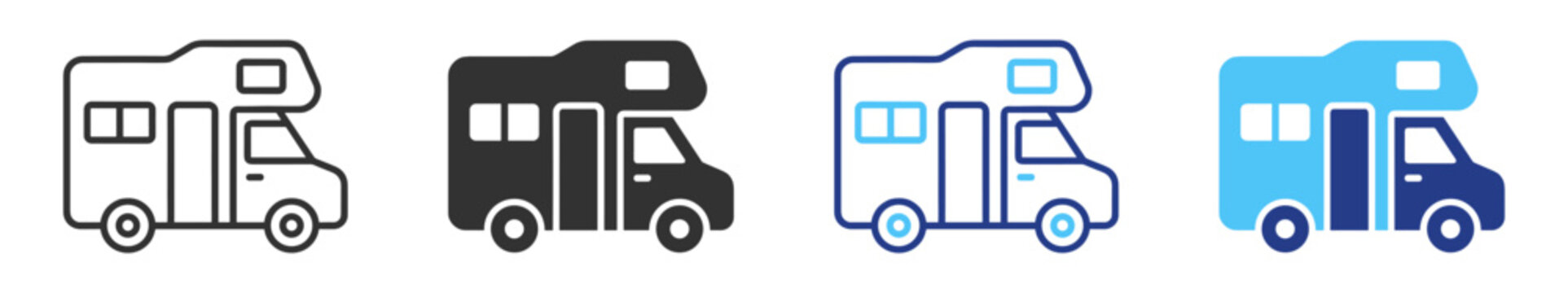 Travel and tourism motorhome camper icon bundle with rv caravan mobile home van road trip and adventure transport symbols in linear style on transparent background