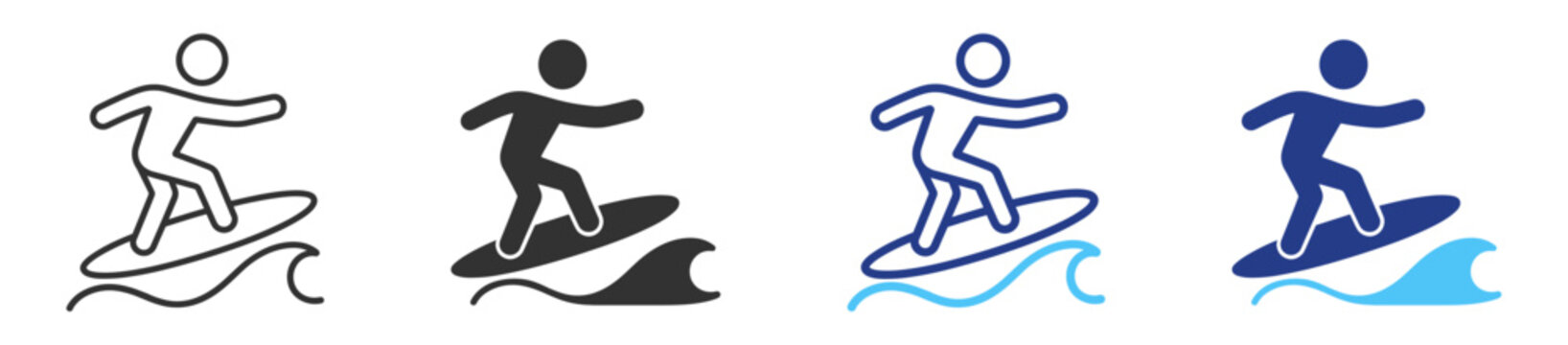 Sport surfing water icon bundle with surfer board wave ocean sea and outdoor recreation symbols in linear style on transparent background