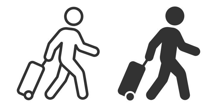 Travel and tourism passenger icon bundle with walking traveler suitcase luggage airport transport and terminal symbols in linear style on transparent background