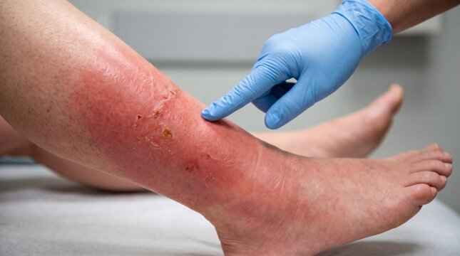 Medical examination of severe skin inflammation and cellulitis on a patient leg.
